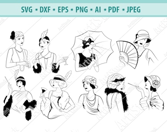 Vintage Lady Svg, Art Deco woman Svg, Vintage Retro Design, Gatsby gils Svg, Clipart Vector, Twenties Svg, Cricut Cut Cutting, Png, Eps, Dxf