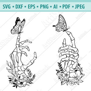 Main squelette floral Svg, Main avec papillon Svg, Bones finger Svg, Skeleton hand Svg, Halloween cut file, File for cricut, Eps, Png, Dxf