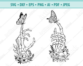 Floral skeleton hand Svg, Hand with butterfly Svg, Bones finger Svg, Skeleton hand Svg, Halloween cut file, File for cricut, Eps, Png, Dxf