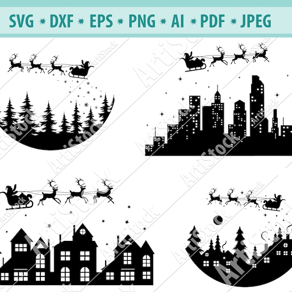 Christmas svg, Santa svg, Christmas Night svg, Flying Santa svg, Santa Sleigh svg, Reindeer svg, Star svg, Cricut, Silhouette, dxf, eps, jpg