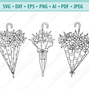 Parapluie floral Svg, Automne Svg, Floral svg, Bouquet de fleurs Svg, Parapluie avec fleurs Svg, Fleur sauvage Svg, Arc Svg, Vecteur, Eps, Png, Dxf