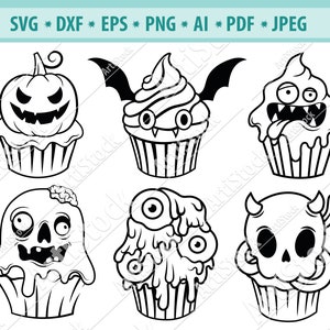 May include: Black and white vector graphic of six Halloween-themed cupcakes. Each cupcake features a different spooky design, including a jack-o'-lantern, a bat-winged cupcake, and a zombie cupcake. The image includes the text "SVG * DXF * EPS * PNG * AI * PDF * JPEG".