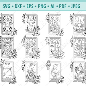 Karty Zodiaku Svg, Celestial Svg, Mistyczne clipart, Znak Zodiaku Svg, Konstelacja zodiaku Svg, Karty Tarota Svg, Witchy Svg, Wektor, Eps, Dxf