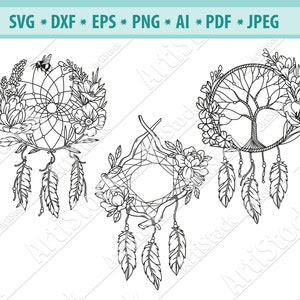 Łapacz snów Svg, Kwiatowy łapacz snów Svg, Boho Pióro Svg, Sylwetka, Clipart łapacza snów, Plemienny rdzenny Svg, Drzewo życia Svg, Dxf, Eps