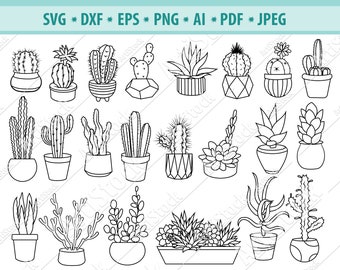 Cactus SVG Bundle, Succulents SVG, Cactus Clipart, Tropic plant Svg, Cactus pots Svg, Houseplants Svg, Silhouettte cameo Dxf, Png, Eps, Jpg