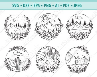 山 SVG、自然風景 SVG、山のクリップアート、月 SVG、花 SVG、砂漠の風景 SVG、太陽 PNG、花輪 SVG、EPS、Dxf、ベクター
