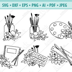 Materiały artystyczne SVG, Przybory szkolne SVG, Pędzle malarskie Svg, Słoik z pędzlami Svg, Kwiaty Plik SVG, Paleta kwiatowa Svg, Cricut, Eps, Dxf