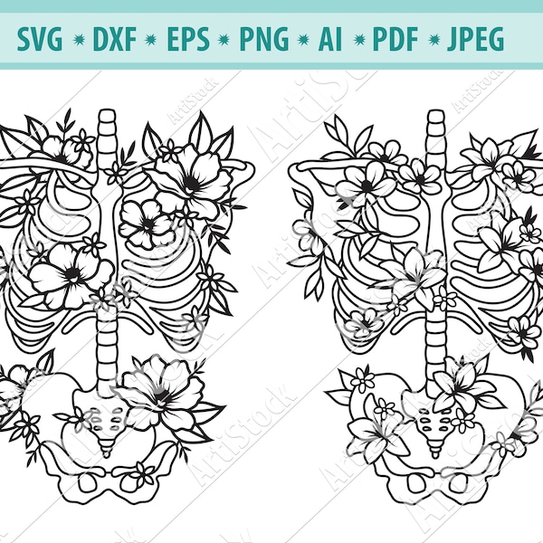 Skeleton SVG File, Flower skeleton svg, Flower ribs Svg, Floral Skull Svg, Human bones Svg, Sugar Skull Svg, Bones cut file, Jpg, Dxf, Eps