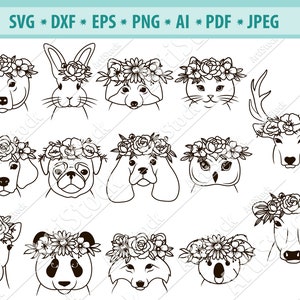 動物の顔の SVG ファイル、花冠の動物の SVG、かわいい動物の頭の SVG、動物のカット ファイル、花輪の Png、花の動物の SVG、ベクター