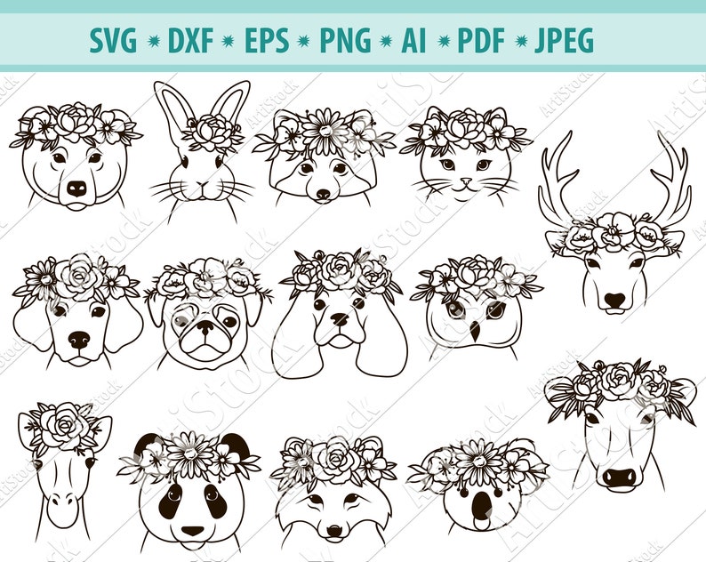 Animals Face Svg File, Animals With Flower Crown Svg, Cute Head Animal ...