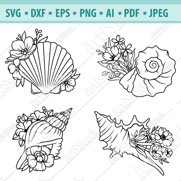 Seashells Svg, Flower seashell Svg, Underwater the sea Svg, Ocean Svg, Sea Shell clipart, Marine life SVG, Flower wreath Svg, Eps, Png, Dxf