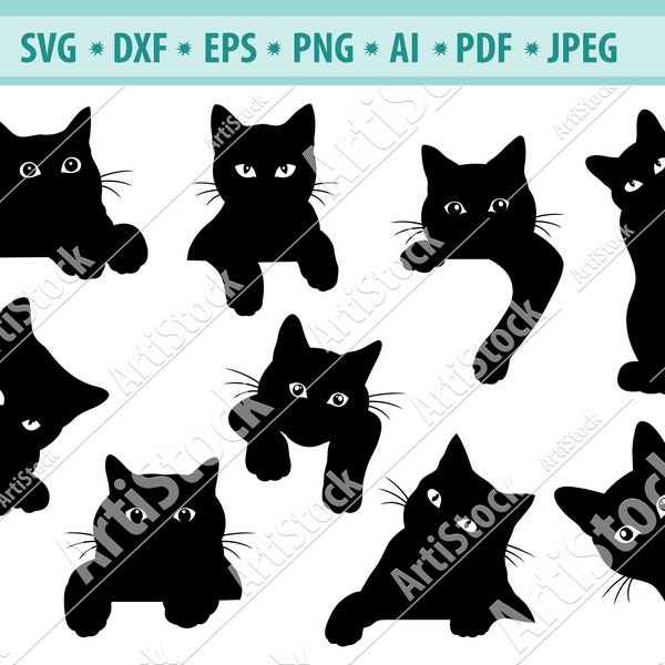 Playful Cat SVG, Black cat svg, Peeking cat clipart, Peeping cat SVG, Halloween cat svg, cricut silhouette, Cat clipart Cut Cutting files