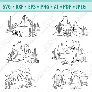 Desert Cactus Svg, Sunset Svg, archivo de corte occidental, Skull bull Svg, archivos de corte cactus, Desert Scene svg, Mountain svg, Texas Svg, Eps, Cricut