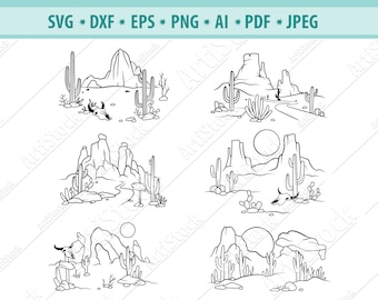 Desert Cactus Svg, Sunset Svg, Western cut file, Skull bull Svg, Cactus cut files, Desert Scene svg, Mountain svg, Texas Svg, Eps, Cricut