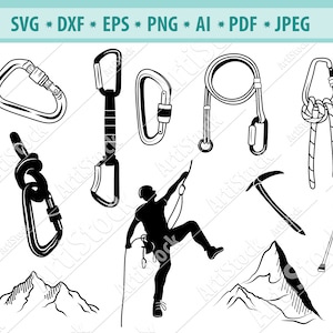 -limbing Svg, herramientas de edición svg, Alpinism Svg, equipo de escalada Svg, Escalada en roca Svg, Escalada de montaña svg, Clipart de montaña, Eps, Dxf