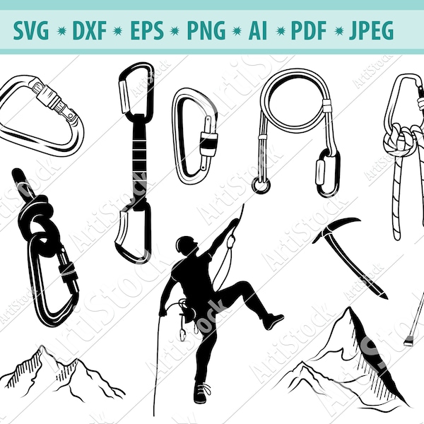 Сlimbing Svg, Сlimbing tools svg, Alpinism Svg, Climbing equipment Svg, Rock Climbing Svg, Mountain climbing svg, Mountain clipart, Eps, Dxf
