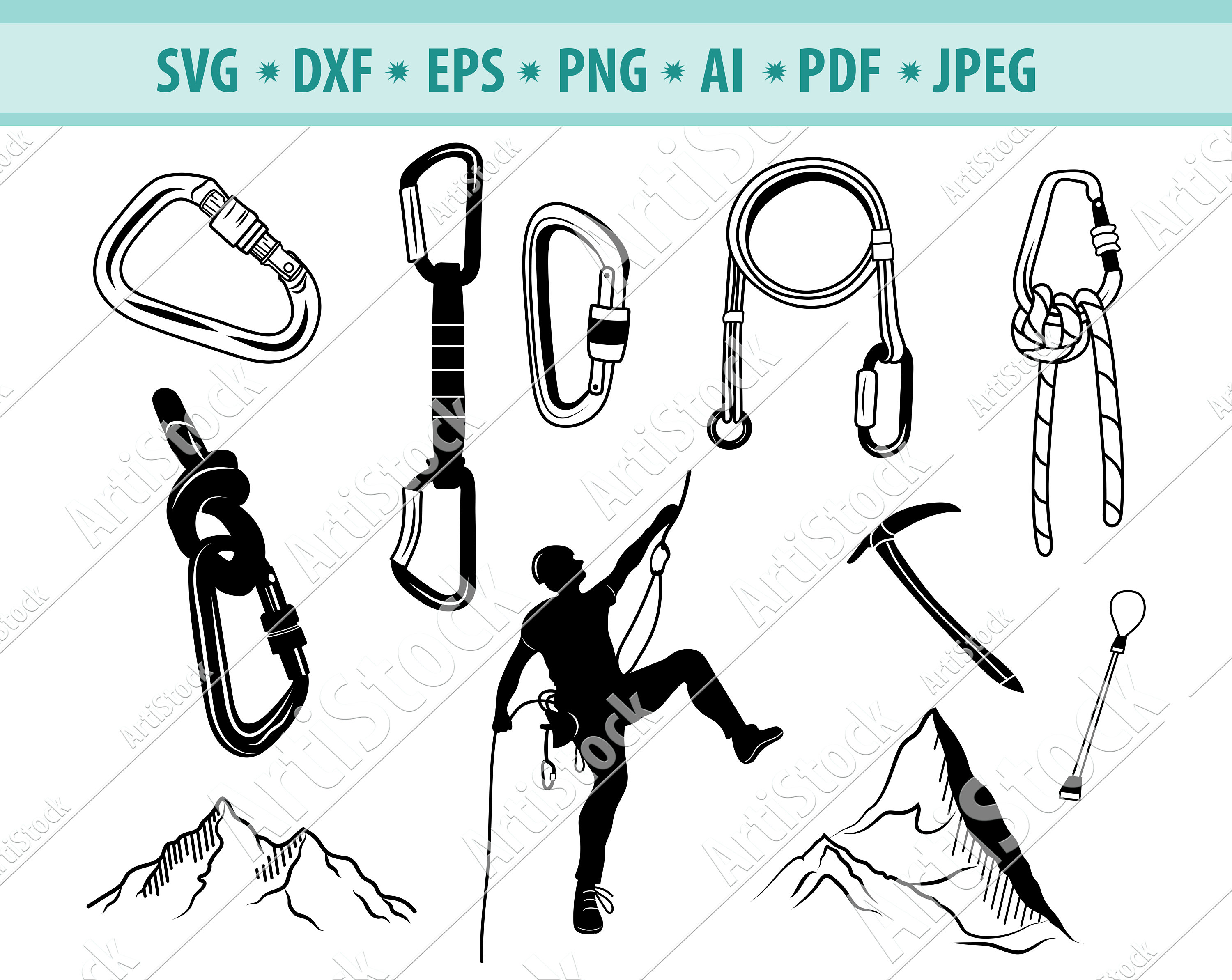 Сlimbing Svg, Сlimbing tools svg, Alpinism Svg, Climbing equipment Svg, Rock Climbing Svg, Mountain climbing svg, Mountain clipart, Eps, Dxf