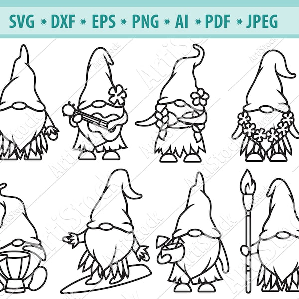 Hawaiian Gnome SVG, Summer Gnome Svg, Aloha Svg, Surfboard Svg, Hawaiian flower svg, Beach Svg, File for cricut, Silhouette, Eps, Jpg, Png