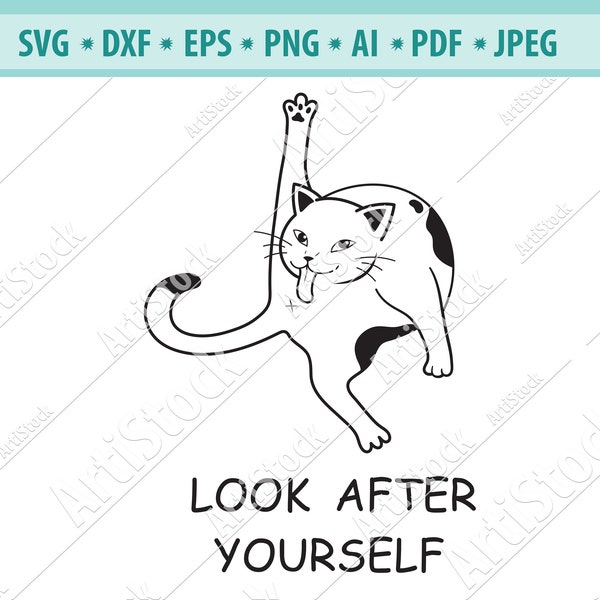 Lustige Katze Svg, Lecken Katze Svg Datei, lächerliche Kiiten Svg, Buchstaben "Schauen Sie nach sich selbst", Katze Vektor, lustige Katze Clipart, Vektor, Jpg, Png