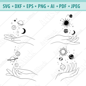 Planets Svg Bundle, Hand with planets Svg, Moon svg, Stars Svg, Hand in space Svg, File for Cricut , Cosmos clipart, Svg, Dxf, Eps, Png