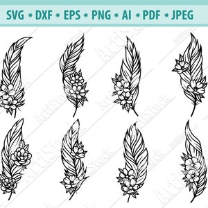 Pluma SVG, Plumas con flor SVG, Clipart de plumas, Silueta de plumas, Plumas boho Svg, Pluma floral Svg, Vector de plumas, Dxf, Png