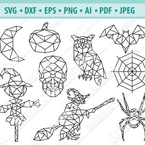Pakiet Halloween SVG, clipart Halloween, wielokąt halloween Svg, czarownica Halloween Svg, plik cięcia nietoperza, pajęczyna Svg, nawiedzony Svg, sowa Eps, Dxf