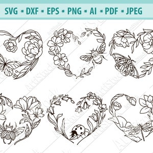 Hart SVG bestand, Hart gesneden bestand, Liefdessymbool Svg, Bloemhart met insect Svg, Valentijnsdag SVG, Hart vector, Bladeren Svg, Silhouet, Eps