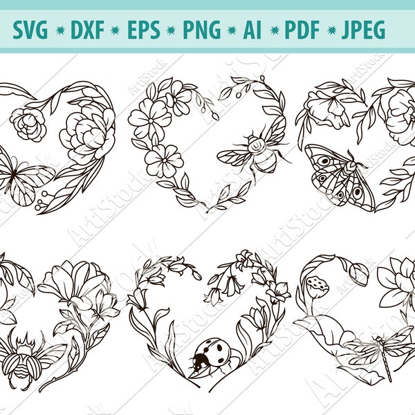 Heart SVG file, Heart cut file, Love symbol Svg, Flower heart with insect Svg, Valentines day SVG, Heart vector, Leaves Svg, Silhouette, Eps