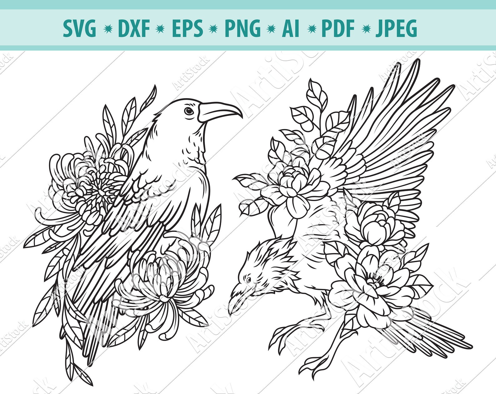 Flower Raven SVG, Floral Crow Svg, Raven Clipart, Bird on Branch Svg ...