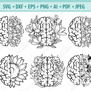 Svg de santé mentale, svg de cerveau floral, anatomie Svg, Svg de santé mentale, Svg de sensibilisation, fichiers Svg coupés, fleur Svg, svg médical, Silhouette, Eps