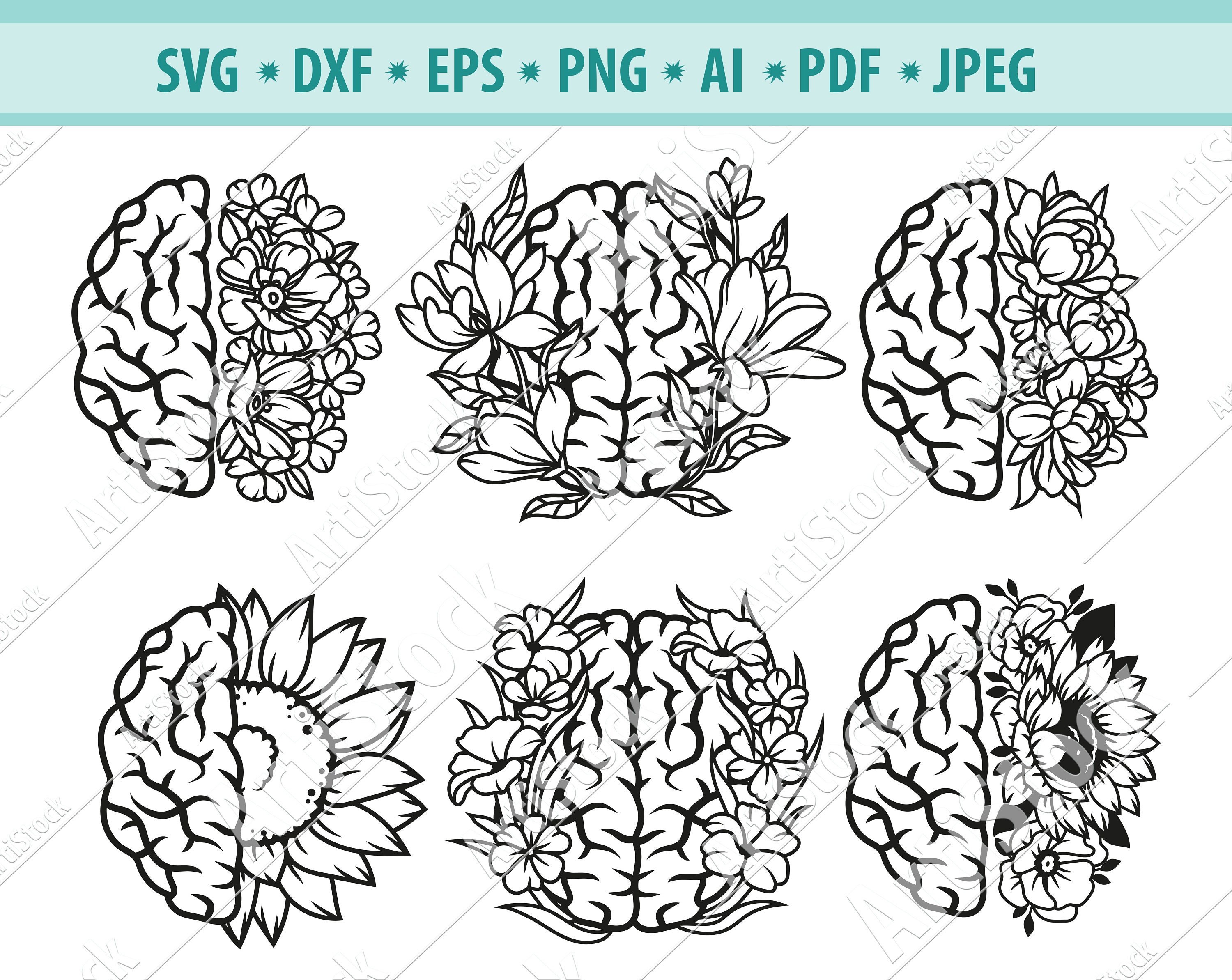 Mental health Svg, Floral brain svg, Anatomy Svg, Mind Health Svg, Awareness Svg, Svg cut files, Flower Svg, Medical svg, Silhouette, Eps