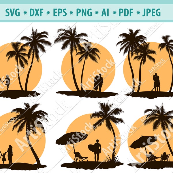 Sunset Svg File, Palm Tree sunset Svg, Сouple in love at sunset Svg, Ocean Breeze Svg, People at sunset Svg, Beach Svg, Vacation svg, Vector