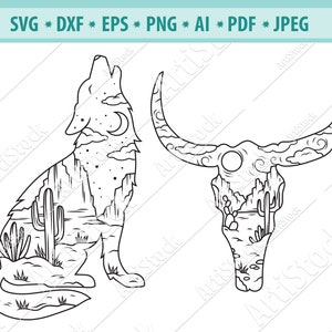 Scena pustyni Svg, Western Svg, Czaszka krowy pustyni SVG, Wilk pustyni SVG, Sylwetka wilka SVG, Czaszka krowy kaktus Svg, Plik cięcia pustyni, Png, Eps