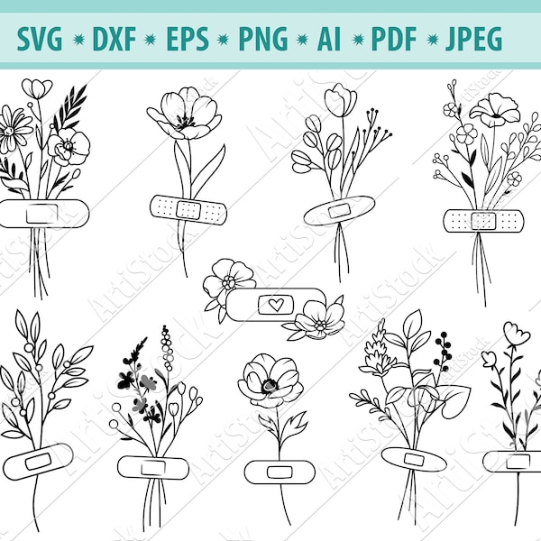 Fleur avec bandage Svg, Wildflower Svg, Bandaid clipart, Flower Svg , Premiers soins png, Pharmacie Svg, Bandage adhésif Svg, Eps, Dxf, Cricut