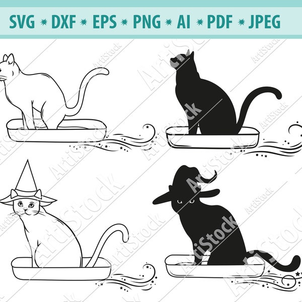 Funny cat Svg, Cat litter box Svg, Cat on litter box Svg, Litter Tray Svg, Cat in witch hat Svg, Kitten clipart, Cat cut file, Eps, Dxf, Png
