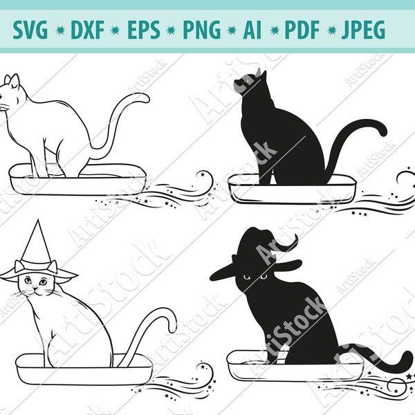 Drôle de chat Svg, Bac à litière pour chat Svg, Chat sur litière Svg, Bac à litière Svg, Chat en chapeau de sorcière Svg, Chaton clipart, Chat coupé, Eps, Dxf, Png