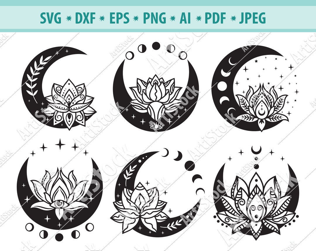 Lotus Moon Svg, Moon Phases Svg, Floral Crescent Moon Svg, Blooming
