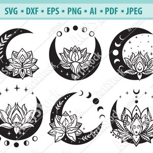Lotus Moon Svg, Moon Phases Svg, Luna crescente floreale svg, Luna di Loto in fiore Svg, Moon Clipart, Celestial Svg, Lotus Svg, Silhouette, Eps