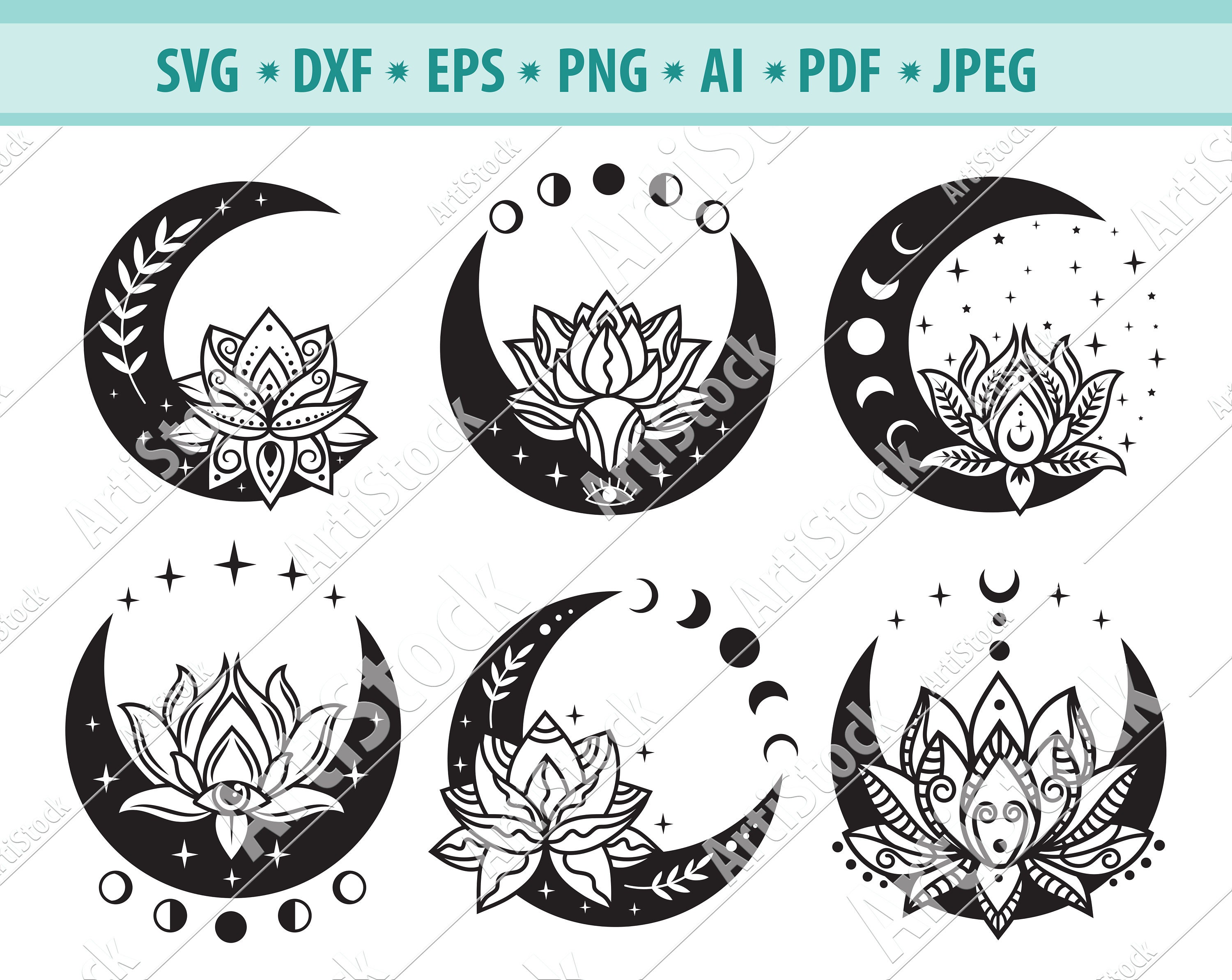 Lotus Moon Svg Moon Phases Svg Floral Crescent Moon Svg Etsy Canada