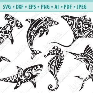 Tribale zeevis SVG, Animal Clipart, Zeedieren Svg, Pijlstaartrog Svg, Zeepaard Svg, Hawaii tropische vis Svg, Tribale haai Svg, Silhouet