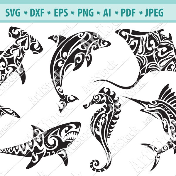 Peces marinos tribales SVG, Imágenes prediseñadas de animales, Animales marinos Svg, Raya Svg, Caballo de mar Svg, Peces tropicales de Hawai Svg, Tiburón tribal Svg, Silueta