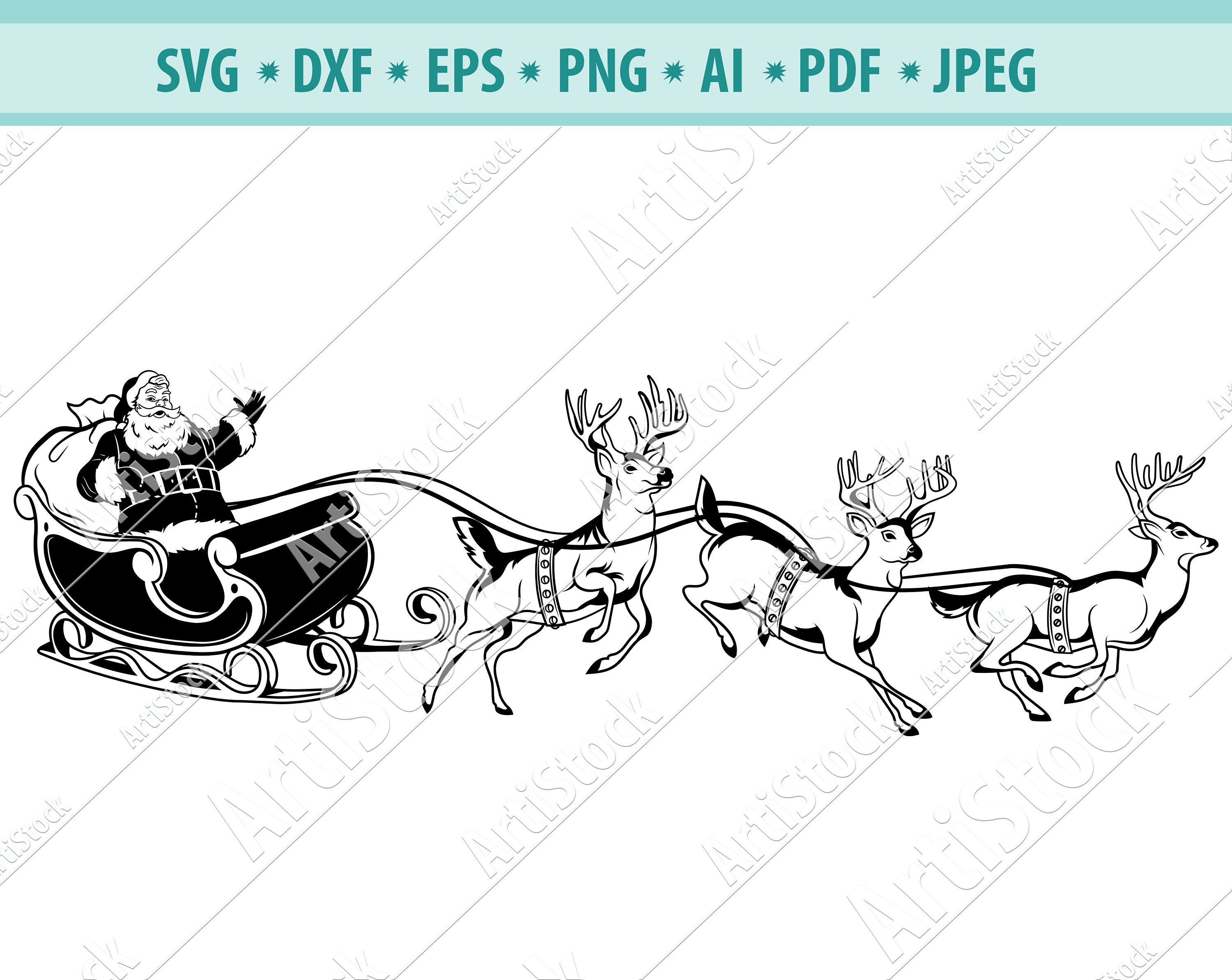 そりに乗ったサンタクロース、そり、トナカイのクリスマス SVG、PNG