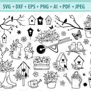 Artículos de jardín Svg, Jardinería SVG, Herramientas de jardín SVG, Birdhouse Svg, Flores Svg, Regadera de flores Svg, Carretilla floral Svg, Eps, Png