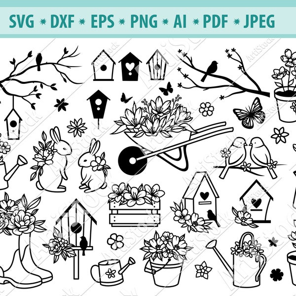 Garden items Svg, Gardening SVG, Garden Tools SVG, Birdhouse Svg, Flowers Svg, Flower watering can Svg, Floral wheelbarrow Svg, Eps, Png