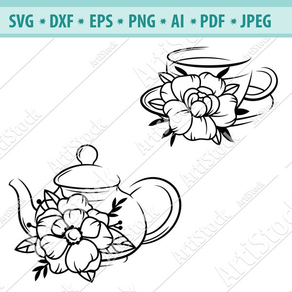 Floral Teapot Svg, Teapot SVG, Teacup SVG, Tea pot flowers Svg, Tea cup flowers Svg, Tea svg file, Floral Coffee cup, Vector, Eps, Dxf, Png