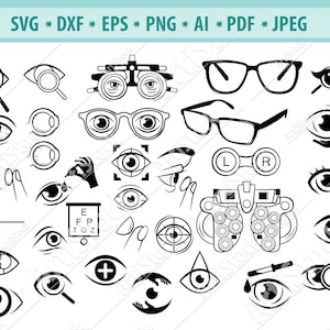 Puede incluir: Un conjunto de 25 ilustraciones vectoriales en blanco y negro de iconos relacionados con el cuidado de los ojos y la visión. Los iconos incluyen ojos, gafas, tablas de visión y herramientas de examen ocular.