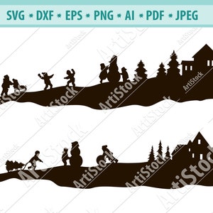 Cena de Natal Svg, Natal Svg, Crianças fofas de desenho animado Svg, Crianças de férias Svg, Cena de inverno Svg, Boneco de neve Svg, Árvore de Natal Png, Dxf