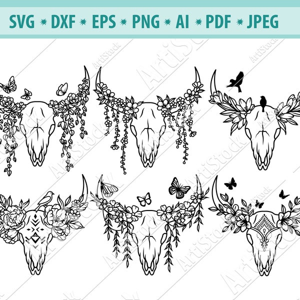 Animals skull with Flowers SVG, Cow Skull and bird Svg, Boho Skull Floral svg, Skull cut file, Floral Buffalo Svg, Butterfly Svg, Png,Eps