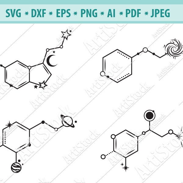 Chemical structure Svg, Serotonin Svg file, Dopamine clipart, Science Svg, Space Planets Svg, Molecular happiness Svg, Mind Health Eps, Dxf