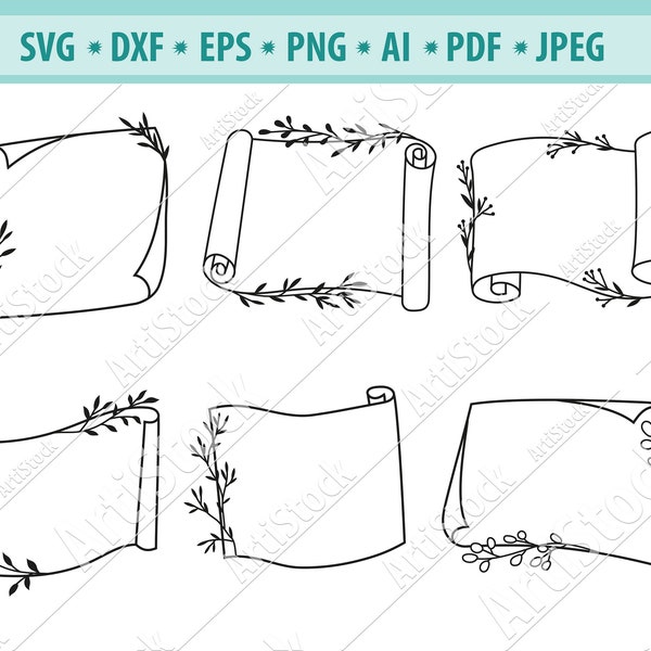 Paper scroll Svg,Laurel branch Svg, Paper scroll with branch Svg, Floral paper Svg, Vintage scroll paper Svg, Vector file, Eps, Ai, Png, Pdf